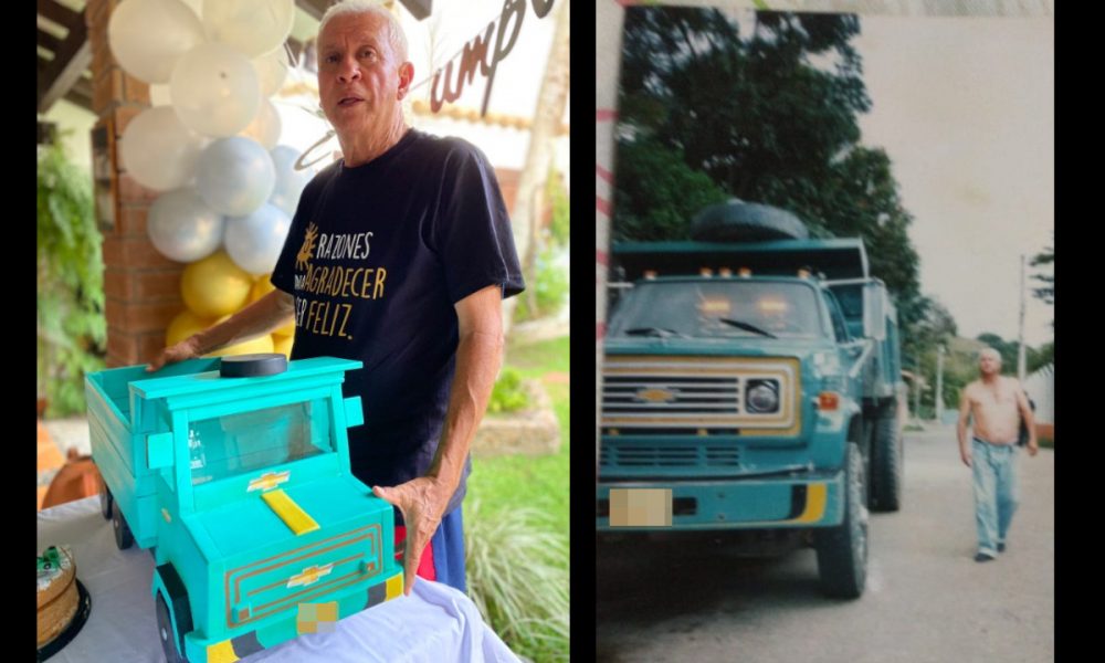 Cumplió 70 años y su hija lo homenajeó con una maqueta de la volqueta con que la sacó adelante