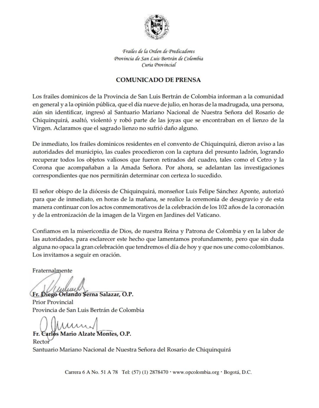 ¡Sacrilegio! Se robaron las joyas de la Virgen de Chiquinquirá 1 comunicado robo joyas
