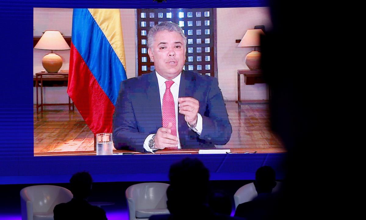 El presidente de Colombia, Iván Duque, en su intervención el lunes por videoconferencia durante el Congreso que la Asociación Mundial de Juristas celebra en la Casa América de Madrid. EFE/ Mariscal POOL Fiscalía