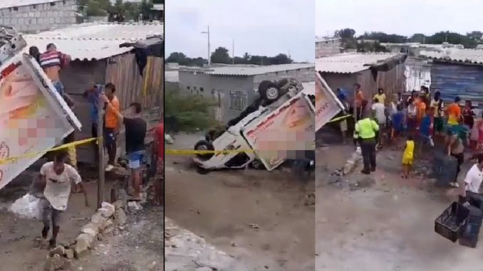 Tasajera: personas llevándose canastas de camión volcado Tasajera: personas llevándose canastas de camión volcado