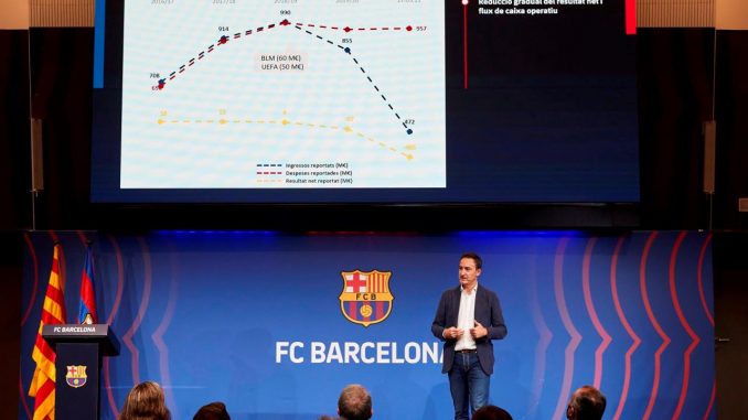 El director general del FC Barcelona, Ferran Reverter, durante la presentación este miércoles en rueda de prensa de los resultados de la auditoría a las cuentas del club, el cierre de la temporada 2020/2021 y el presupuesto del ejercicio 2021/2022.EFE/Alejandro García