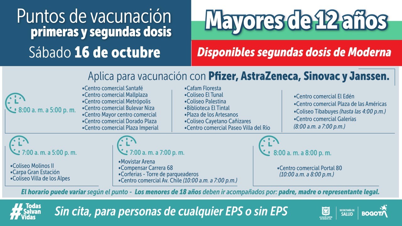 Puntos de vacunación contra covid-19 este fin de semana en Bogotá 2 acunas covid bogota menores de 12 anos