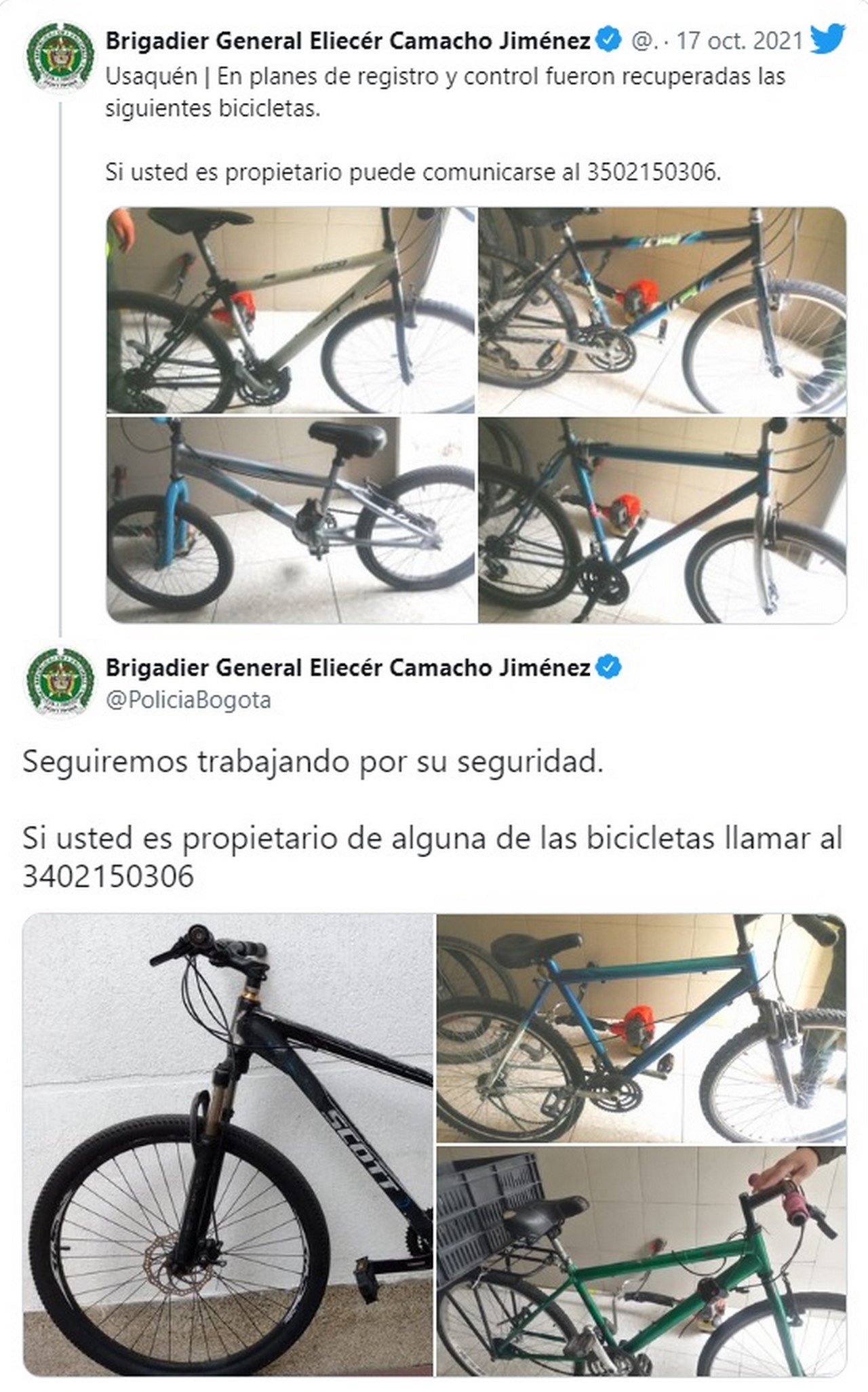 Busca a los dueños de estas bicicletas que fueron recuperadas 2 biciletas hurtadas bogota