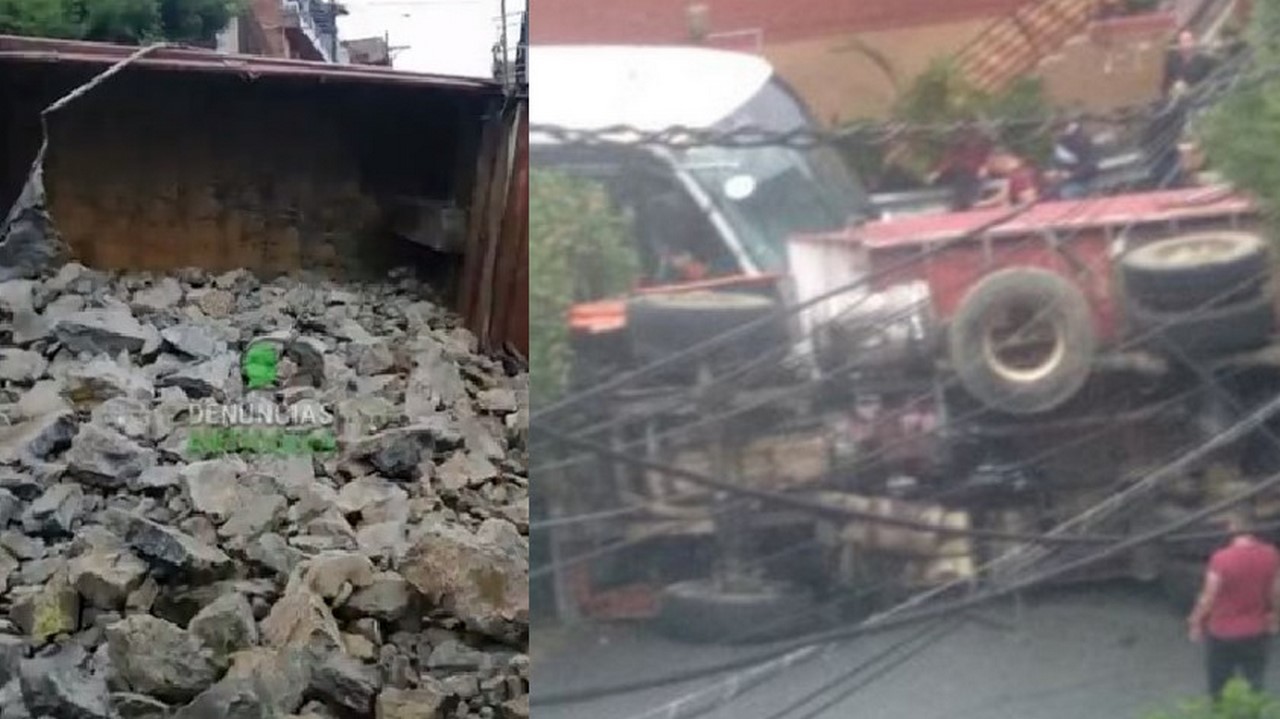 Volqueta cargada de piedras se volcó esta mañana en Granizal
