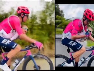 “Carlota en su primera salida a entrenar”, Rigoberto Urán montando cicla con su hija en el pecho 1 Rigoberto Uran bebe cicla via amarrada