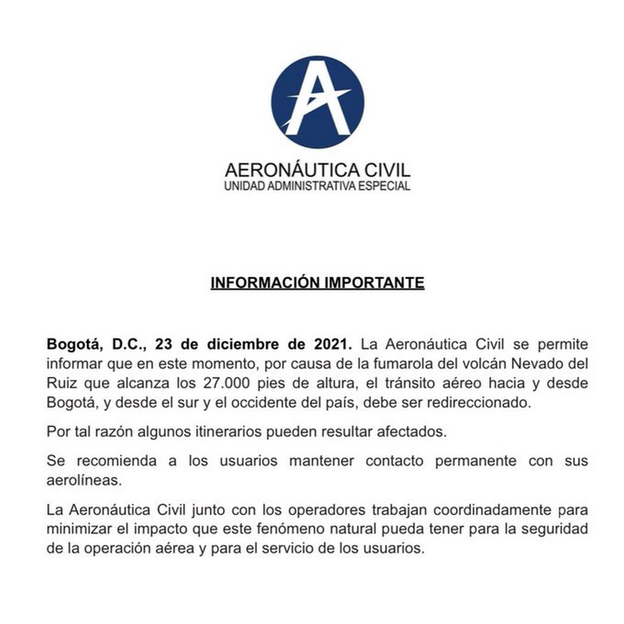 Por actividad del volcán Nevado del Ruiz hay afectación de vuelos en Bogotá 2 aeropuerto El Dorado