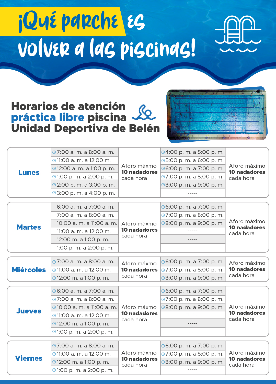 ¡Ya puede ir a nadar! Volvieron a abrir las piscinas del INDER Medellín y aquí le contamos lo que debe tener en cuenta para asistir 2 Horarios practica libre piscina Belen