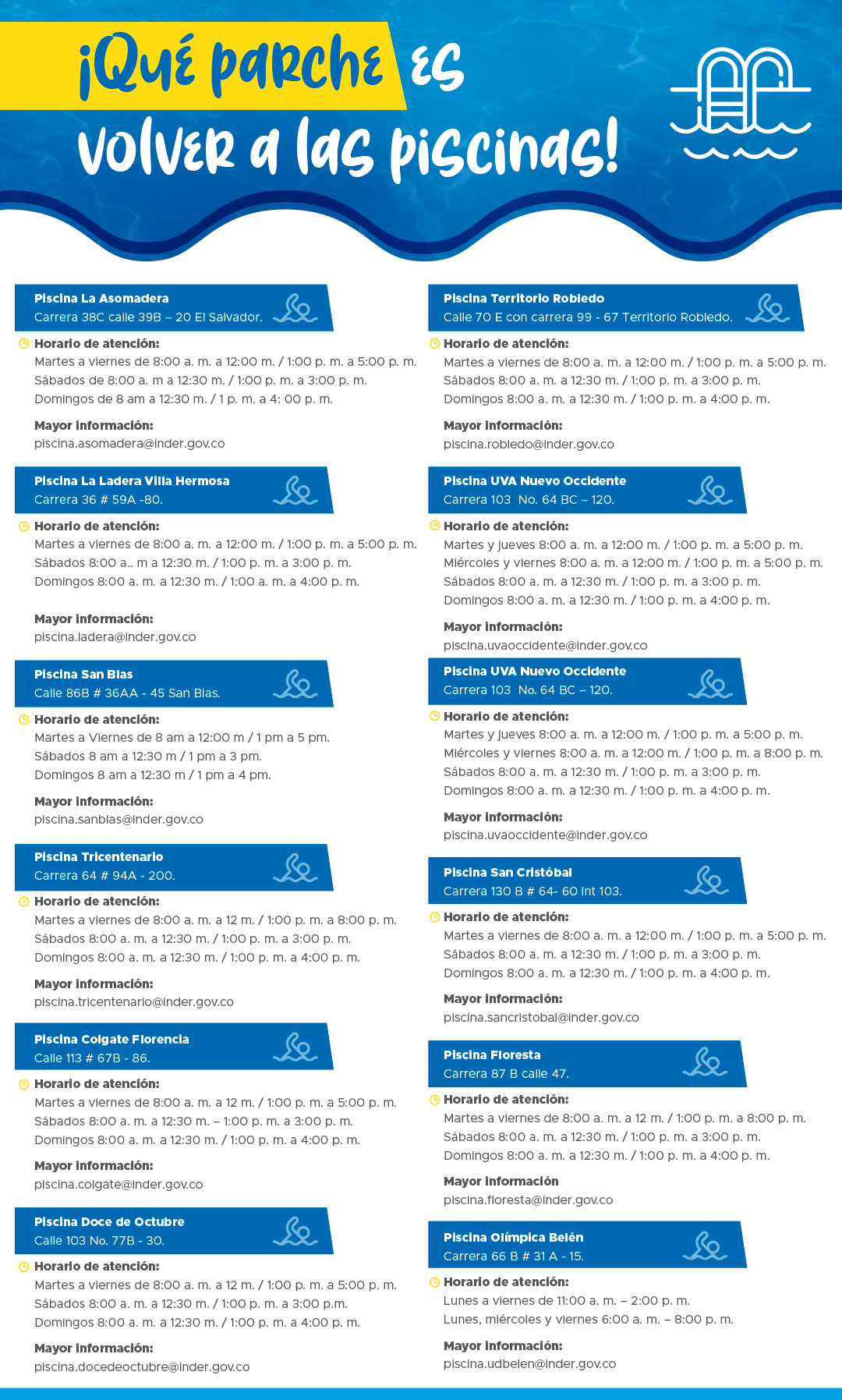 ¡Ya puede ir a nadar! Volvieron a abrir las piscinas del INDER Medellín y aquí le contamos lo que debe tener en cuenta para asistir 3 Piscinas barriales con Horarios de atencion