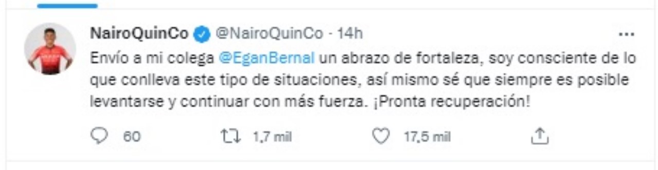 Nairo Quintana y Rigoberto Urán le enviaron mensajes de aliento a Egan Bernal 3 Nairo Quintana mensaje de aliento a Egan Bernal