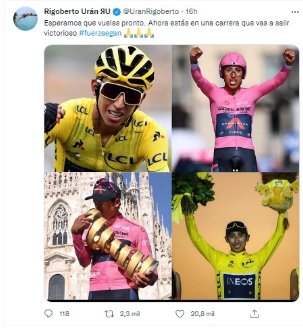 Nairo Quintana y Rigoberto Urán le enviaron mensajes de aliento a Egan Bernal 2 Rigoberto uran mensaje de aliento a Egan Bernal