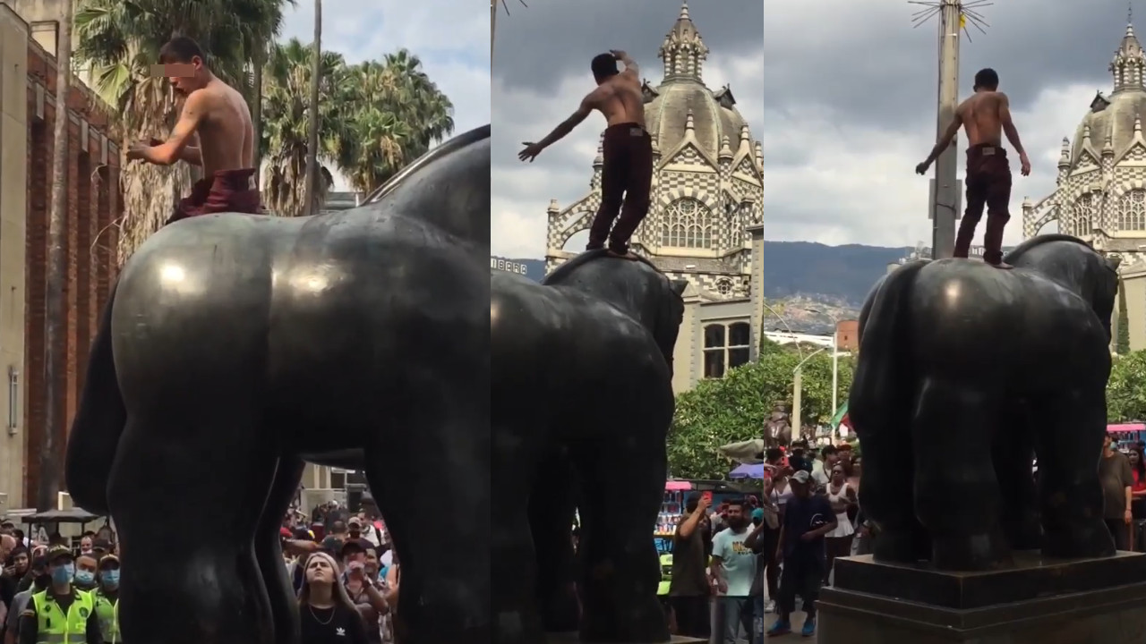 ¿Se creía Bad Bunny o qué? A este sujeto se le dio por montar concierto sobre una escultura en la Plaza de Botero