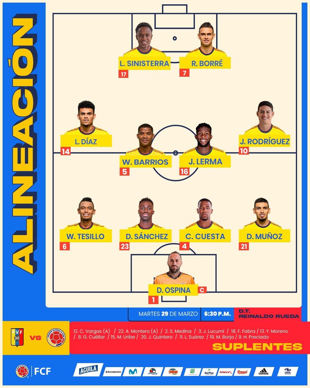 ¡Listos a la guerra! Estos son los 11 titulares de la Selección Colombia para vencer a Venezuela 2