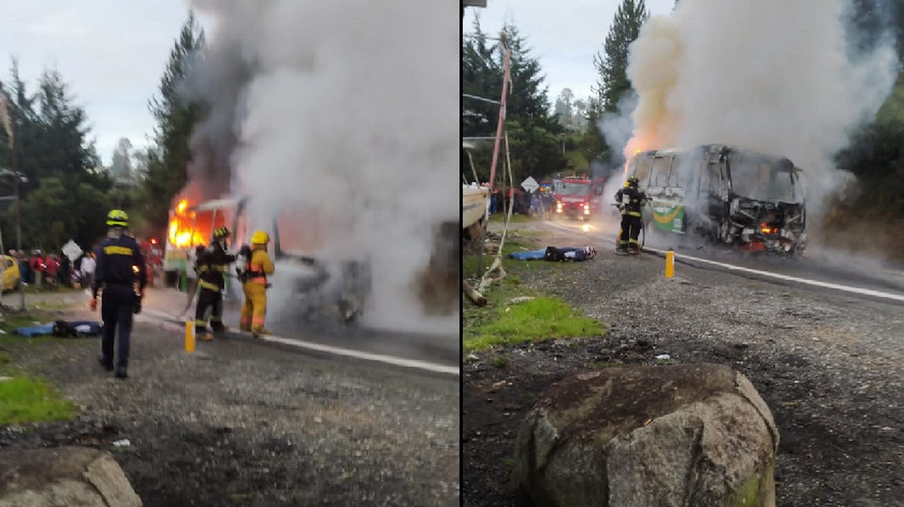 Un bus se chocó con una moto y se incendió en la vía Don Diego-La Ceja