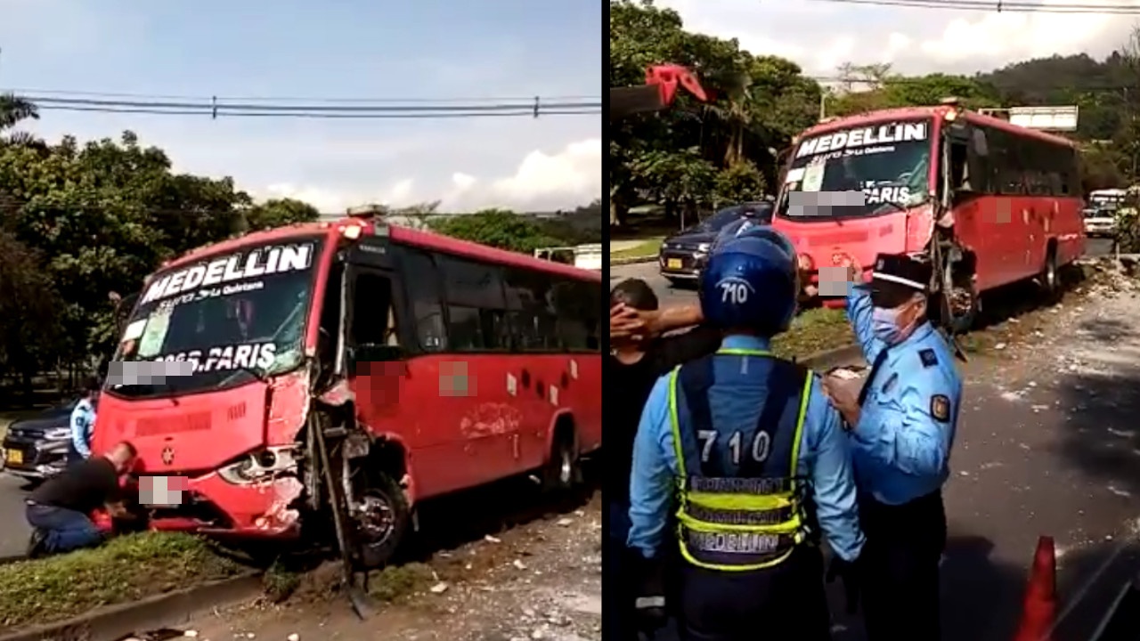 ¡Ay qué miedo! Bus se desbocó y chocó contra un poste por el puente de Barranquilla en Medellín