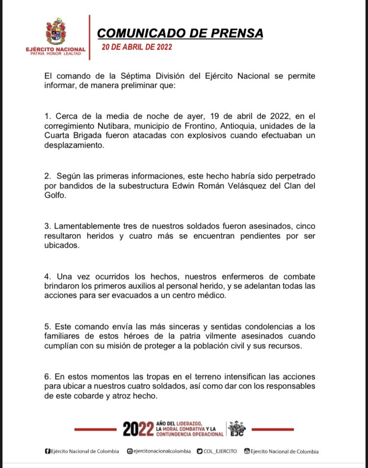 Ataque a soldados en Frontino deja 3 muertos, 5 heridos y 4 desaparecidos 2 comunicado ejercito