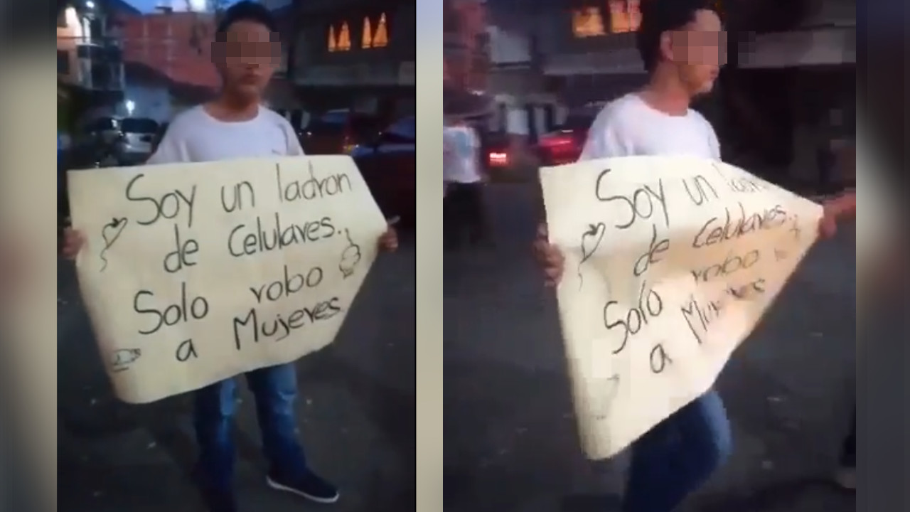 Cogieron a un 'pelado' que le estaría robando a una abuelita y no le pegaron pero si le colocaron un letrero pa' la foto