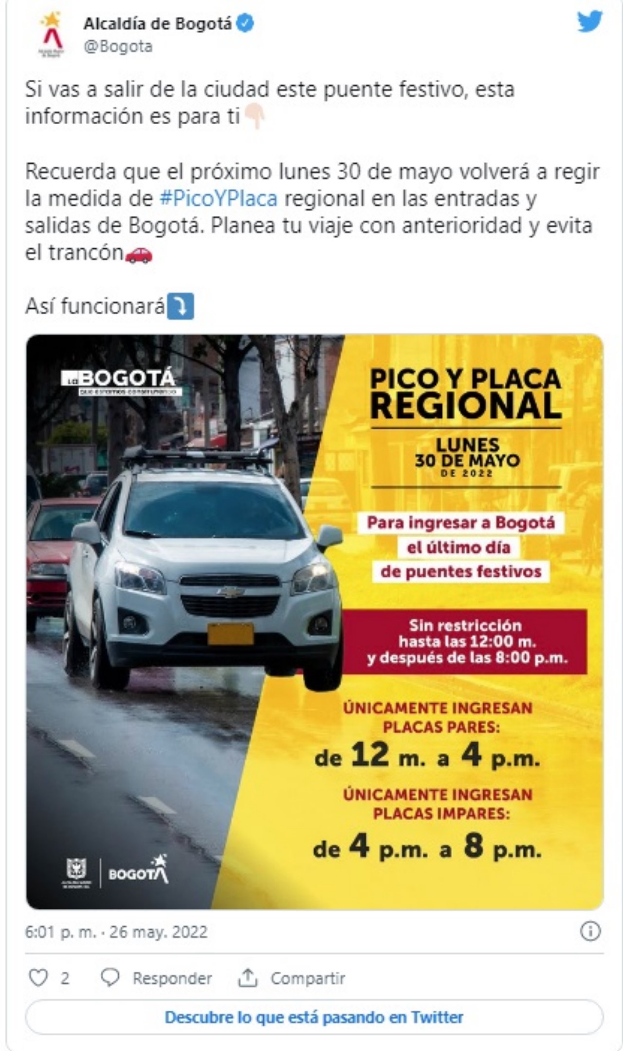 ¿Este fin de semana de elecciones presidenciales habrá Pico y Placa Regional? 4 Asi sera el Pico y Placa Regional para entrar a Bogota este lunes 30 de mayo