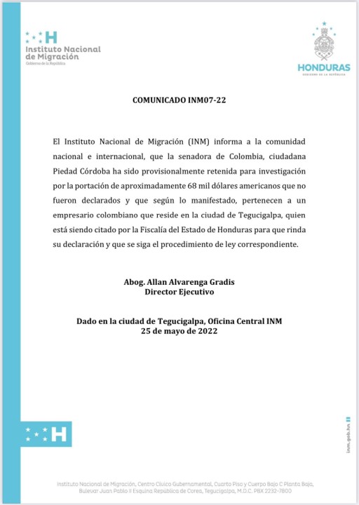 ATENCIÓN: Piedad Córdoba fue requerida en un aeropuerto de Honduras, este sería el motivo 2 comunicado honduras piedad cordoba