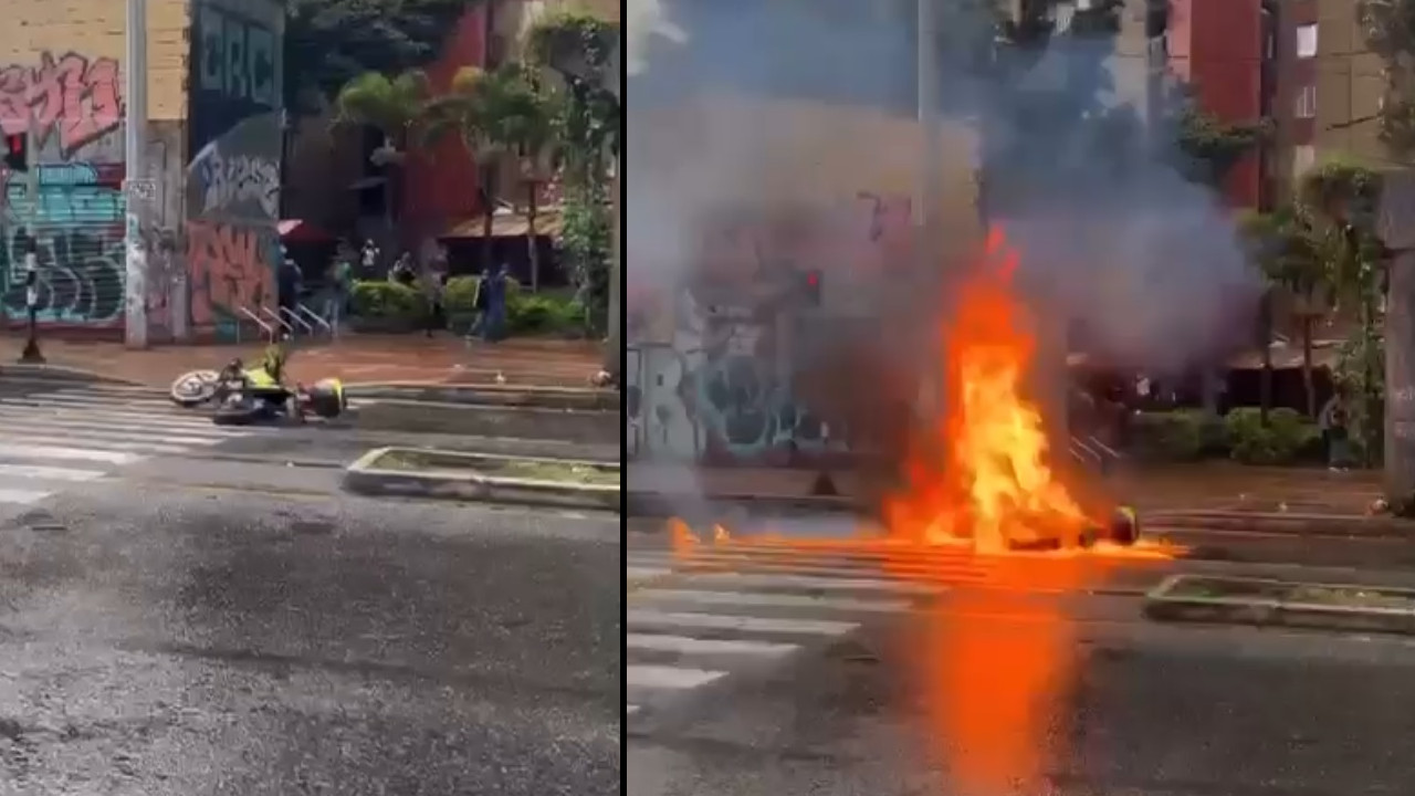 Encapuchados robaron y quemaron una moto de la Policía en Medellín