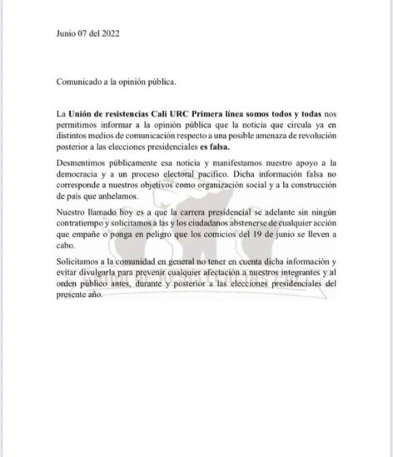Comunicado Primera Línea de Cali