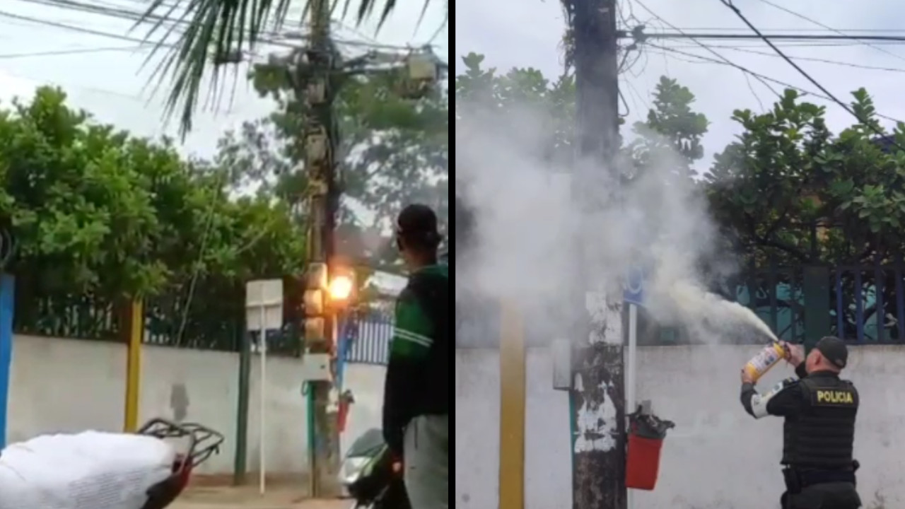 Un valiente policía en Urabá evitó una tragedia, apagó el fuego que salía de un poste al lado de un colegio