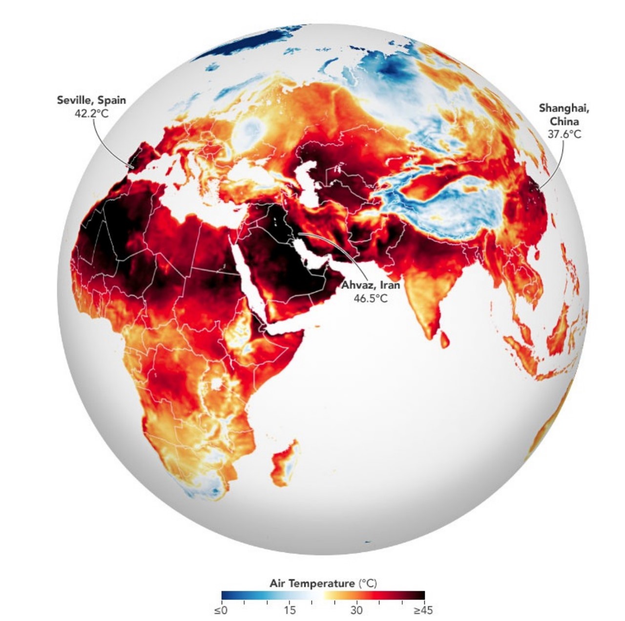 NASA publicó foto de como luce la Tierra por las intensas olas de calor 2 La Tierra mapa de la Nasa que muestra altas temperaturas en el mundo