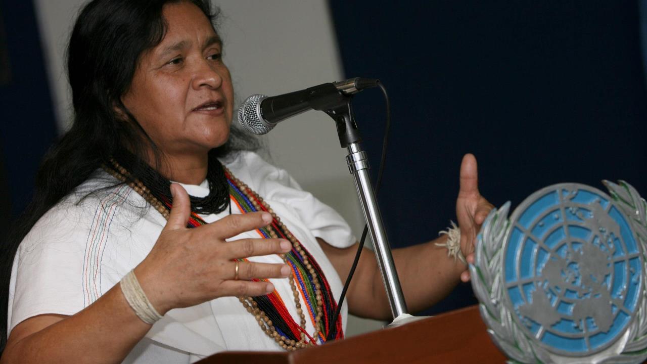 Fotografía de archivo del 8 de agosto de 2007 que muestra a Leonor Zalabata, de la comunidad indígena Arhuaca, mientras habla durante una rueda de prensa en Bogotá (Colombia). EFE/Guillermo Legaria