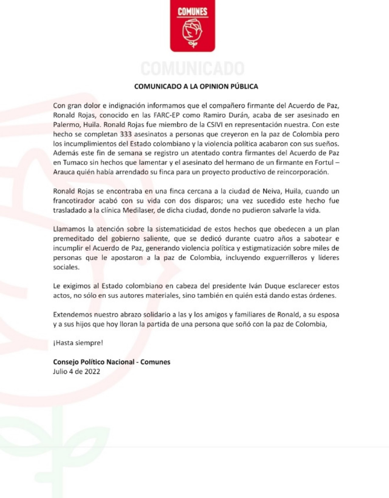 Asesinaron a Ronald Rojas, firmante de la paz en el Huila 6 mataron Ronald Rojas firmante paz Huila 1
