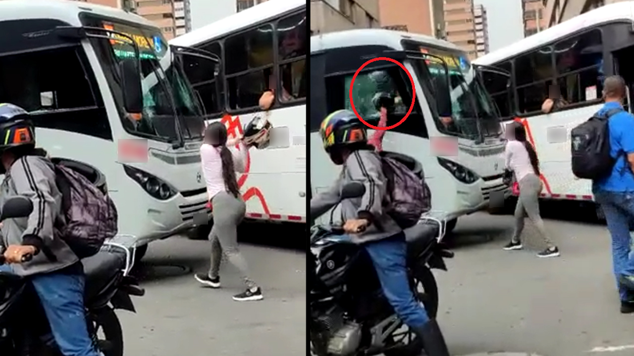[Video] ¡Qué agresividad! Una pareja atacó a 'cascazos' a un bus en Medellín