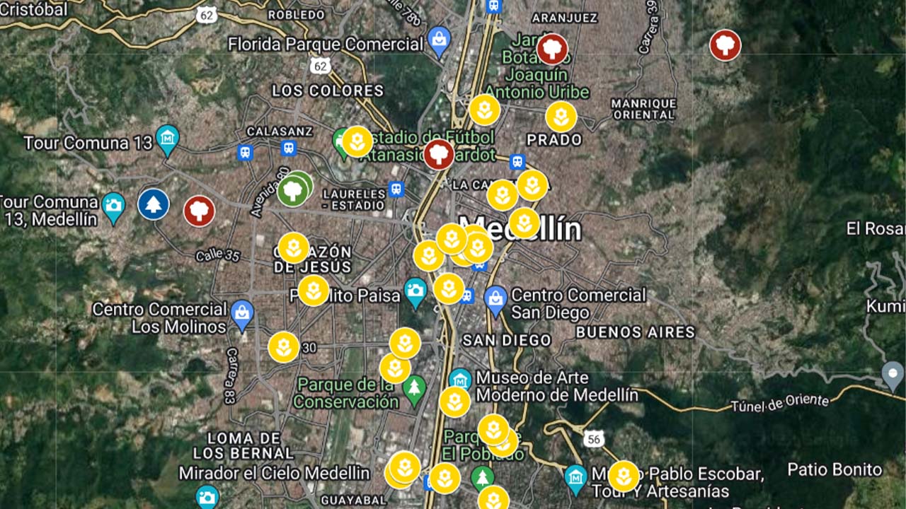 Mapa de intervenciones a jardines y corredores verdes de Medellín