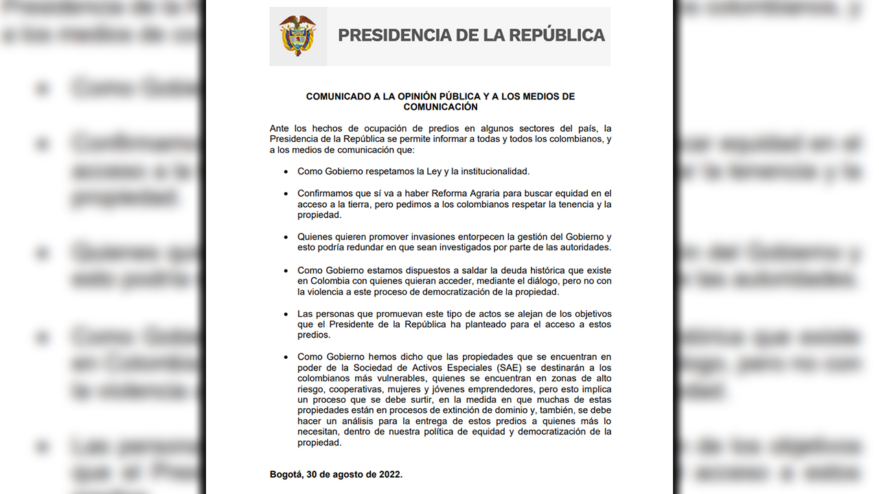 Duro regaño del Gobierno Nacional a invasores de tierra 4 Comunicado invasores Presidencia de la República