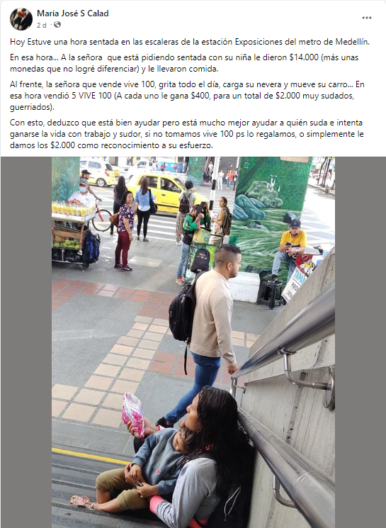 ¿Quién gana más? Una ciudadana observó por una hora a una limosnera con una niña y a una ventera en Medellín 2 Viralizan la conclusión a la que llegó la ciudadana.