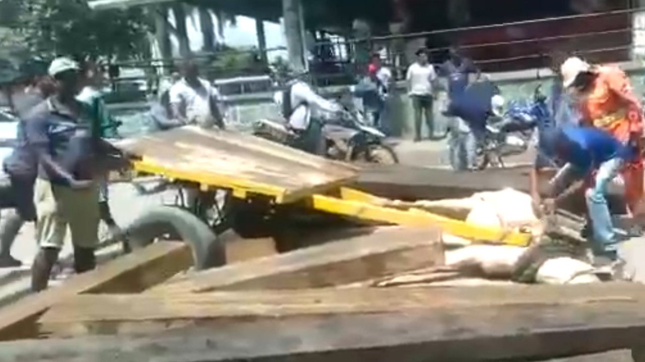 [Video] ¡Indignante! Un caballo no aguantó el peso de tantos palos y se desplomó