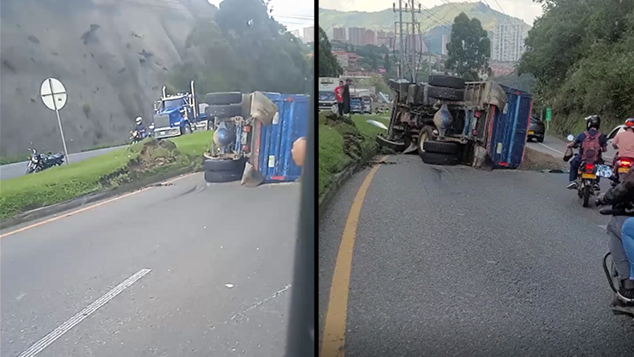 Volqueta volcada en Caldas