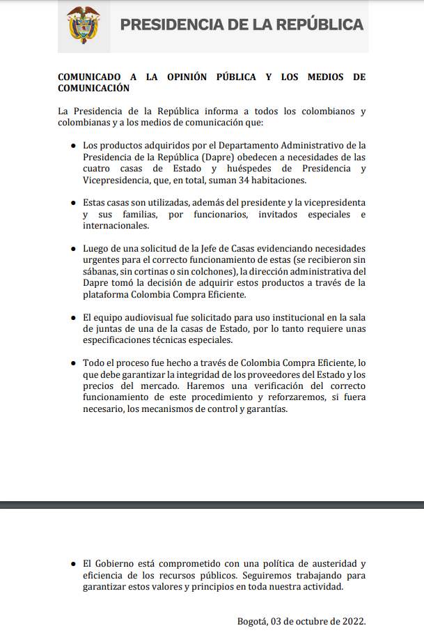 Comunicado Presidencia de la República sobre millonaria dotación