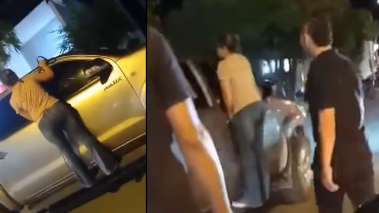 Mujer se colgó de camioneta intentando desesperada que su esposo bajara a la amante