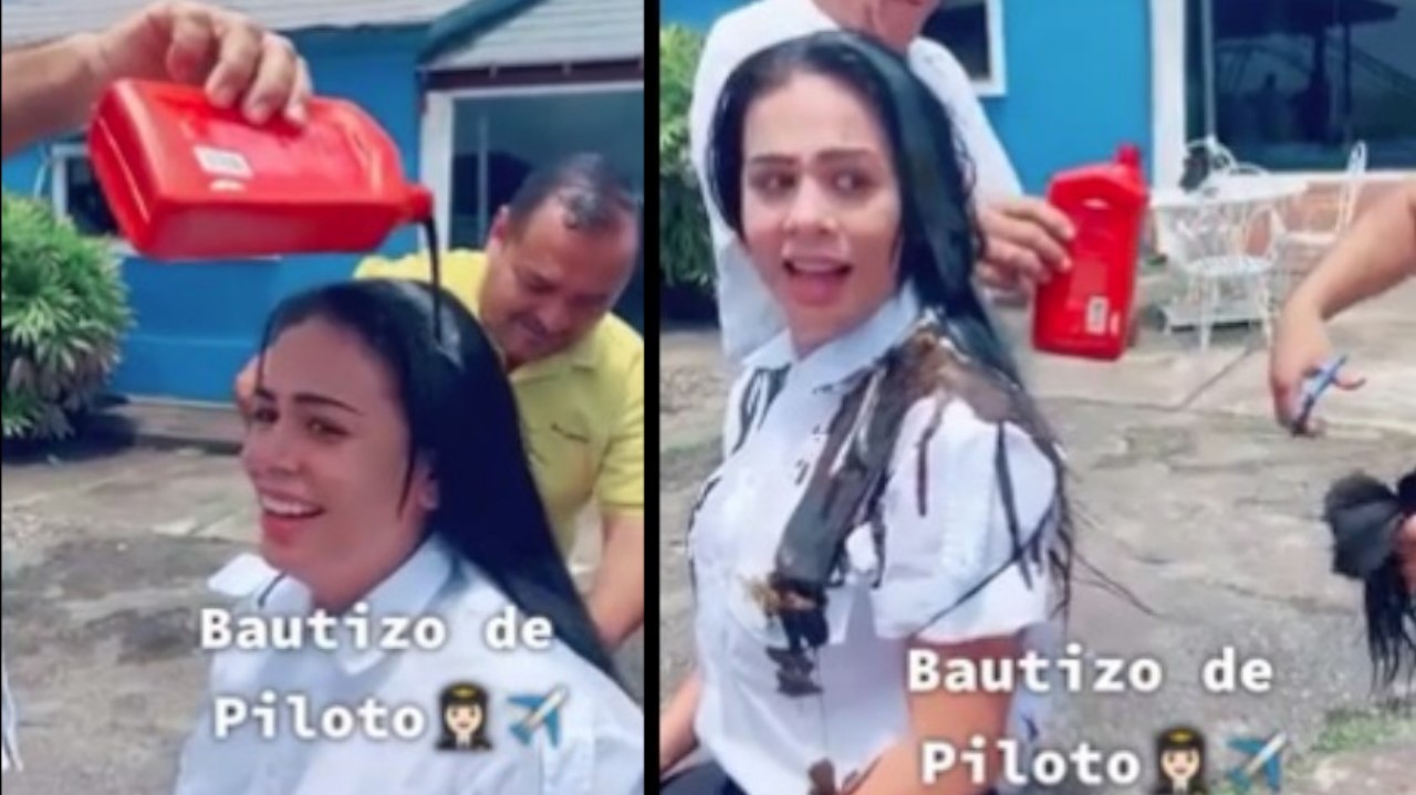VIDEO. Mujer se graduó como piloto y la bautizaron con aceite de avión