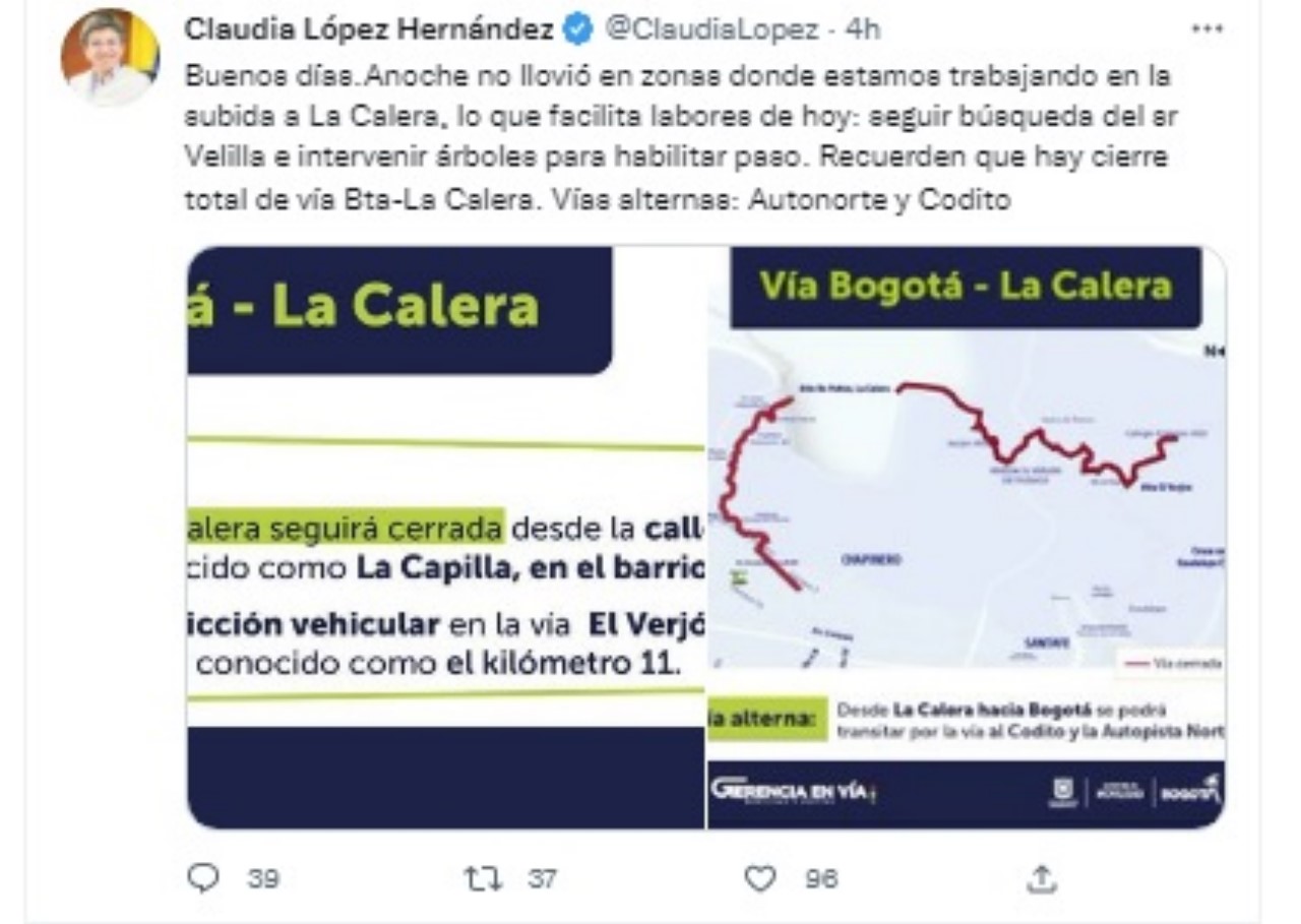 La vía a La Calera continuará cerrada desde la calle 85 3 La via a La Calera continuara cerrada desde la calle 85 1 2
