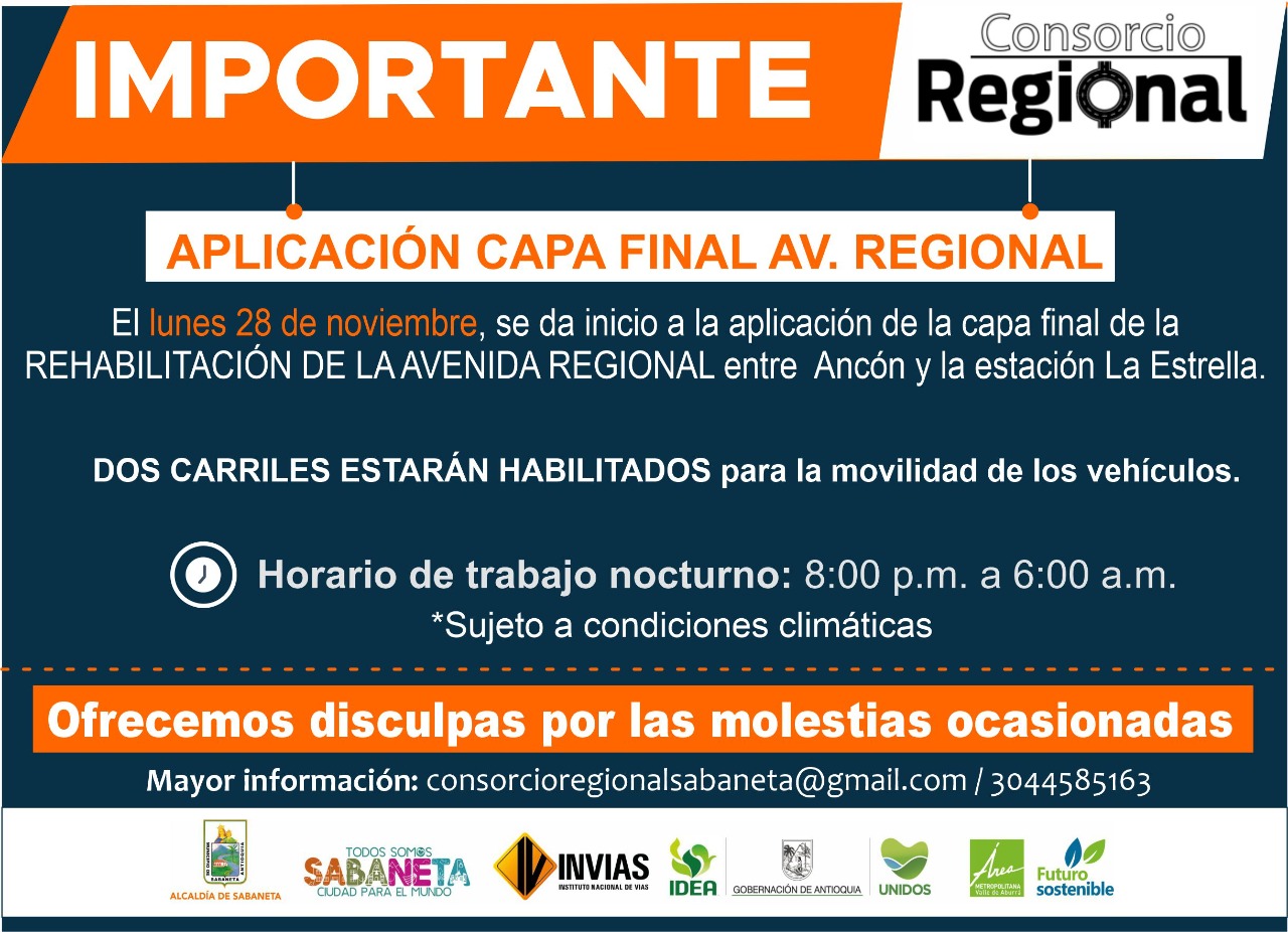 Obras Avenida Regional La Estrella.