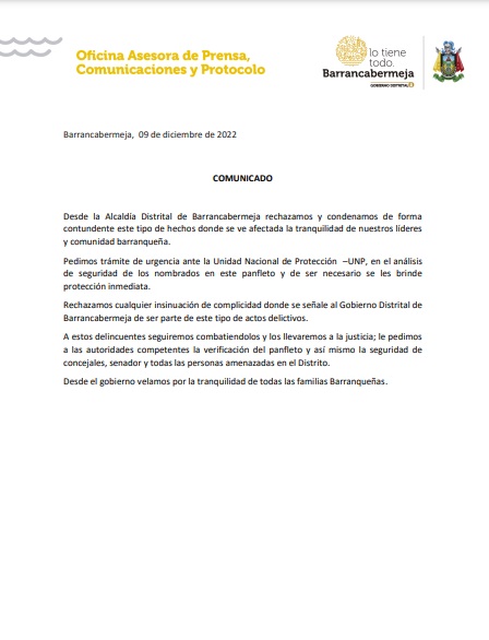 Amenazan de muerte al senador Gustavo Moreno, al alcalde de Barrancabermeja y 14 concejales 2 Comunicado Barrancabermeja