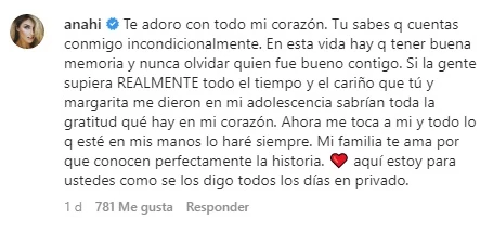 Anahí demostró qué es la verdadera amistad y sobre todo, qué es ser con alguien incondicional, pero sobre todo el valor del agradecimiento. Hace poco, se conoció que el actor Andrés García está enfermo, necesitando atención de especialista por un problema en sus pulmones. Es así como através de Instagram, el actor compartió que la actriz y ex integrante de RBD Anahí, contrató a una médica para que lo acompañará en su recuperación mientras atraviesa por una neumonía. “Queridos amigos, quiero agradecer a mi querida amiga Anahi y a su esposo el Lic. Manuel Velasco Coello por todas sus atenciones y gentilezas, pero especialmente por haber enviado a la Dra. Irma Flores, una excelente neumóloga, a quien también agradezco todas sus atenciones” Escribió Andrés García, junto a una foto con su médica. Ante el mensaje de agradecimiento, Anahí dejó un comentario, donde le expresó su profundo cariño y agradecimiento por todo lo que hicieron en su adolescencia por ella. “Ahora me toca a mí y todo lo que esté en mis manos lo haré siempre. Mi familia te ama porque conocen perfectamente la historia. Aquí estoy para ustedes como se los digo todos los días en privado”, Escribió la actriz” Según información del medio Univisión, Anahí y Andrés García trabajaron juntos en telenovela 'Mujeres engañadas', momento por el que la actriz habría enfrentado a problemas alimenticios como la anorexia y bulimia.