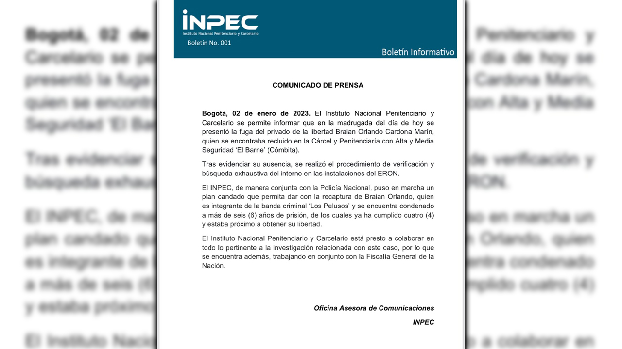 ¡Inaudito! de cárcel de ‘máxima’ seguridad se fuga un ‘Peluso’ 2 Comunicado Inpec