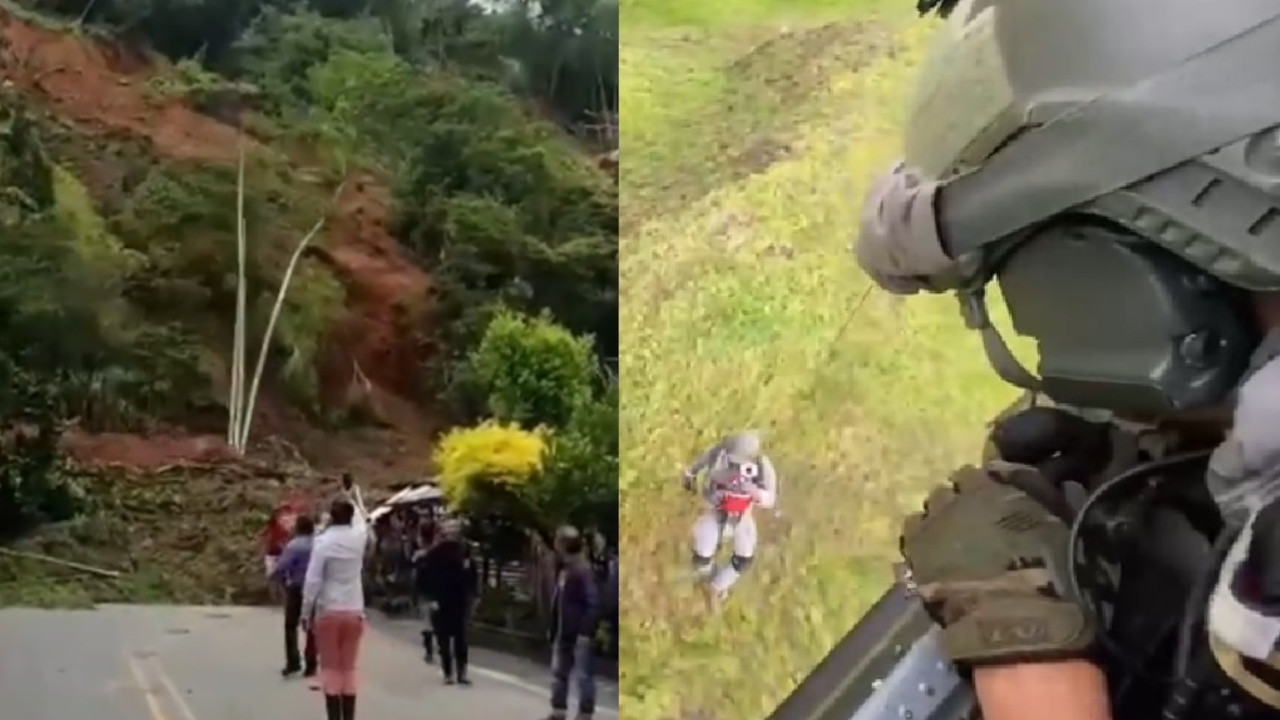 Gigantesco derrumbe en Cauca: personas atrapadas fueron evacuadas en helicóptero de la Fuerza Aérea