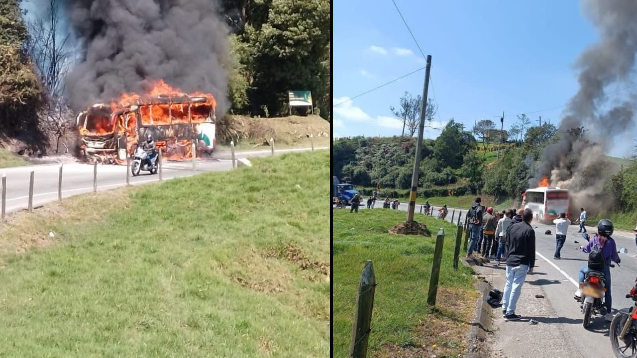 [VIDEO] Fatal accidente en Antioquia: un motociclista perdió la vida y un bus se quemó