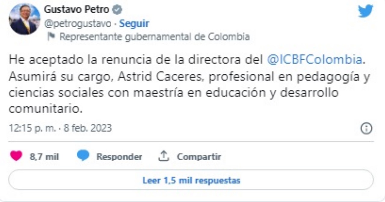 Petro acepto la renuncia de la directora del ICBF Concepcion Baracaldo