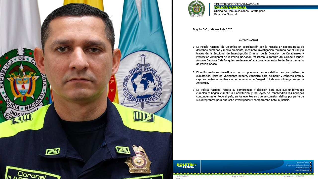 Policía se pronunció por la captura del coronel al mando de la institución en el Chocó