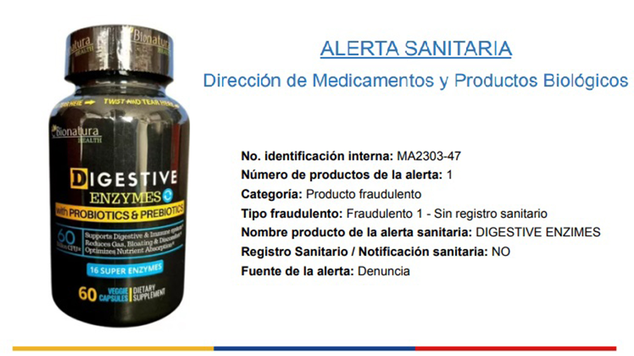 El suplemento Digestive Enzymes no cuenta con registro sanitario: dice el Invima