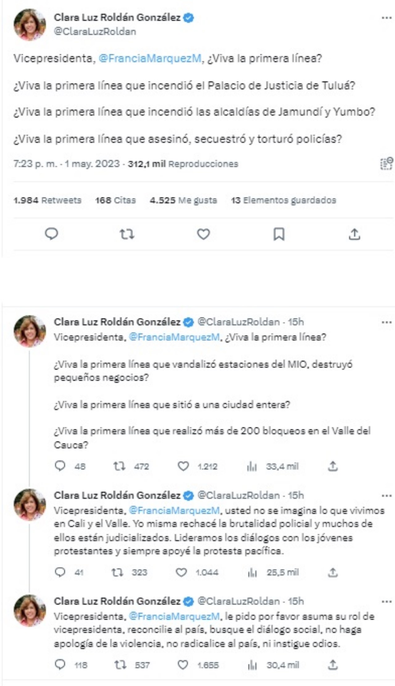 Lluvia de criticas a Francia Marquez tras apoyar a la Primera Linea