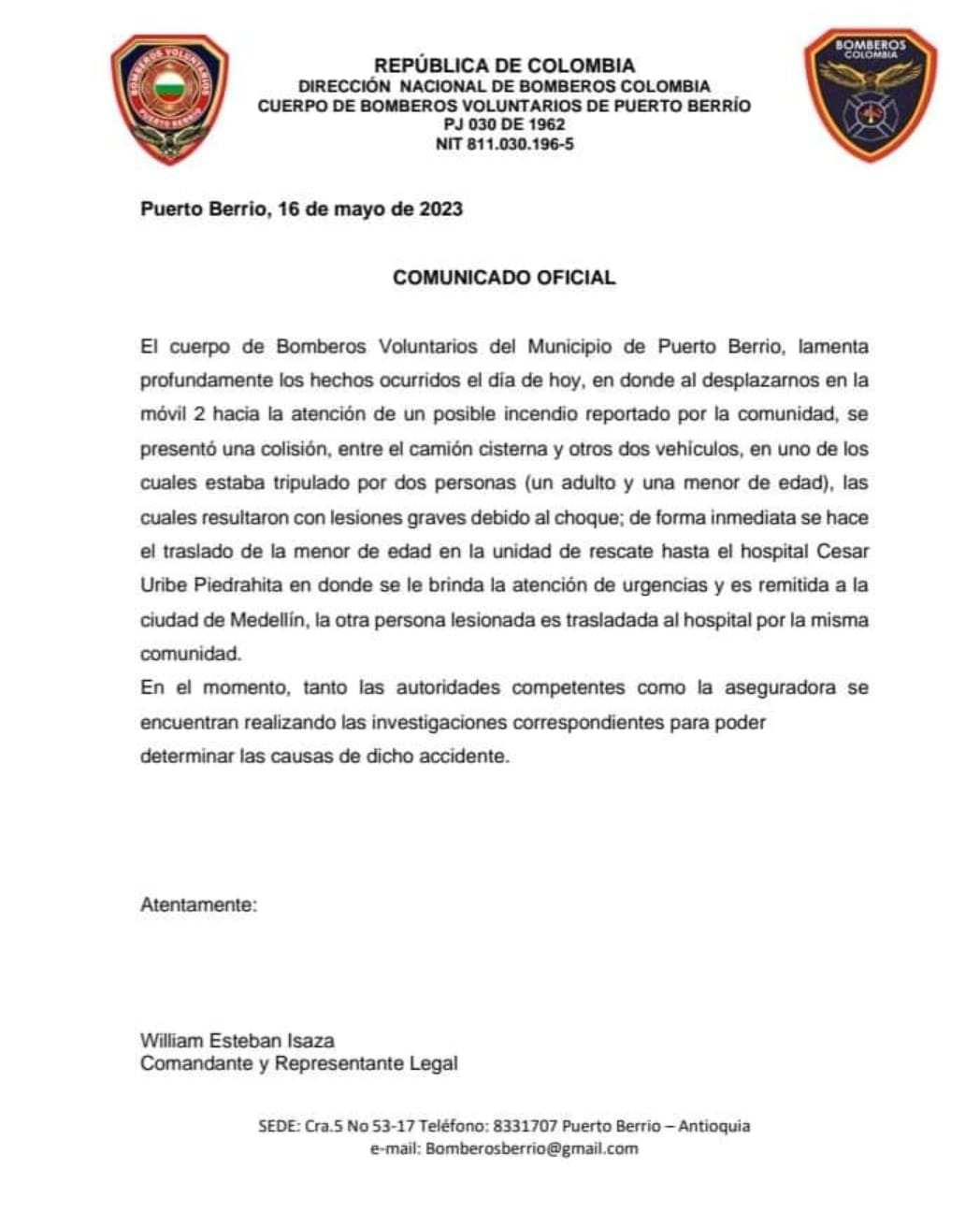 Murió niña que había sido arrollada junto a su madre por carro de bomberos de Puerto Berrío