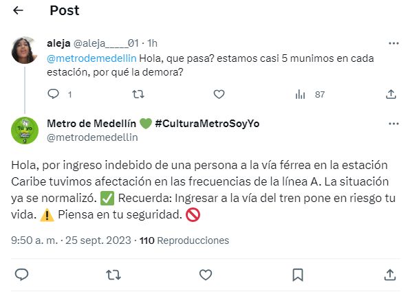 'Ya está bajo control' El Metro estuvo parado por persona que ingresó a la vía férrea